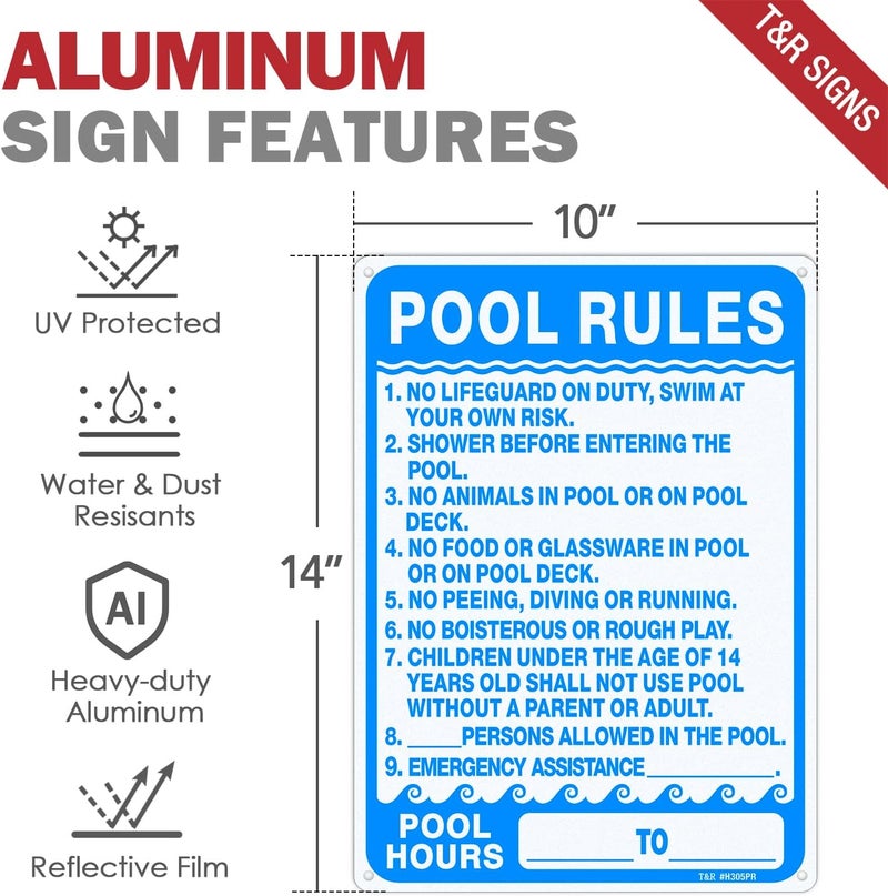 TR Pool Rules Sign, Pool Sign - 2 Pack - 14"x10" .040 Rust Free Heavy Aluminum, Reflective, Waterproof, Weatherproof and Fade Resistant, 4 pre-drilled holes, Easy to Mount - Image 2